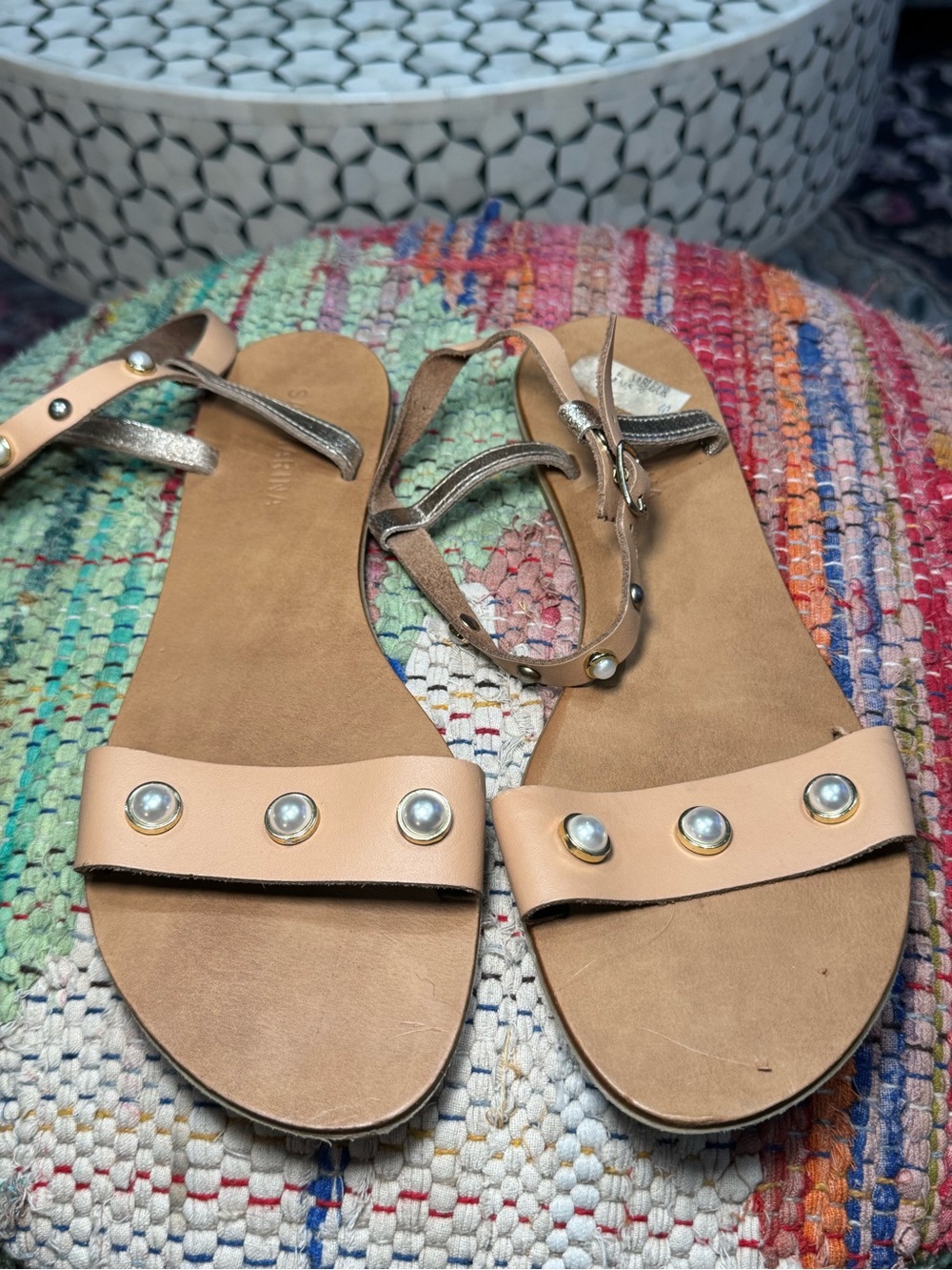Authentic Handmade Leather Sandals (purchased in ROME, Italy) Nude Pearl-Stud - Picture 2 of 5